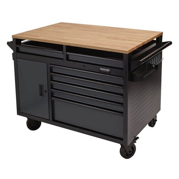 Bunker 48 inch multi functional workbench with 14 drawer roller tool cabinet in grey