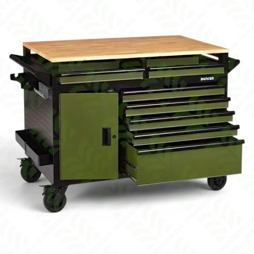 08269 BUNKER 48 inch 14 drawer olive green workbench roller tool cabinet open drawers