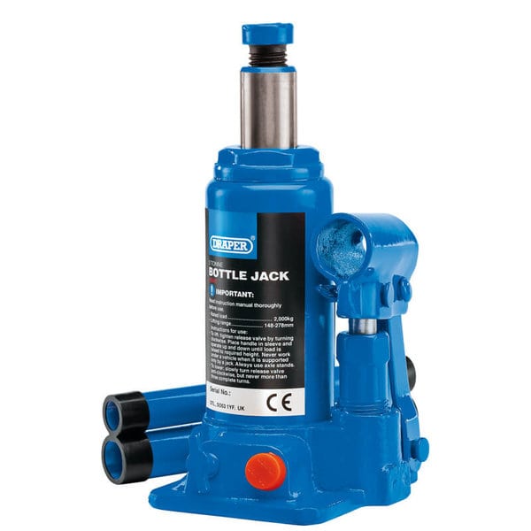 2 tonne hydraulic bottle jack with 148–278mm lifting range and wide base