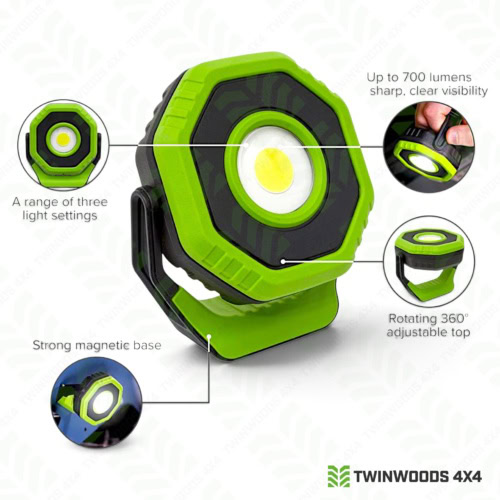 700 lumen rechargeable Land Rover workshop flood light green functions