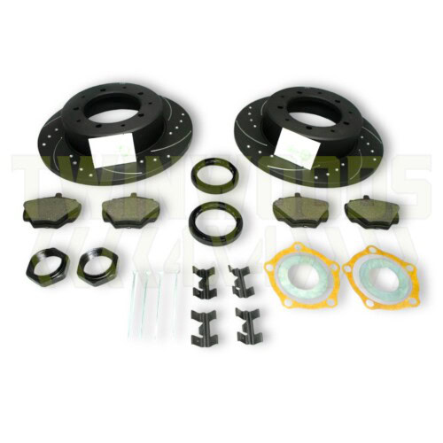 Defender 90 POWERSpec rear brake kit with dimpled and grooved discs, pads and hardware