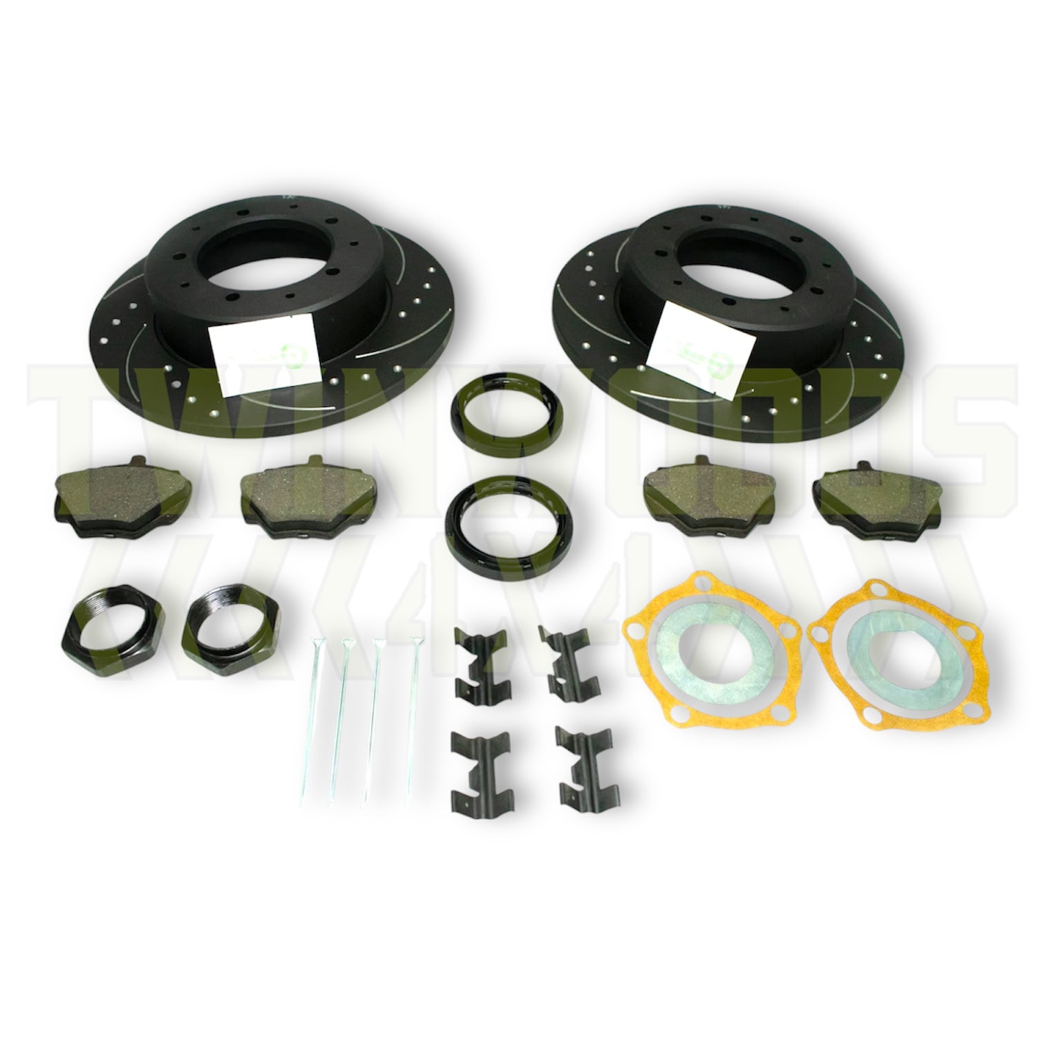 Defender 90 POWERSpec rear brake kit with dimpled and grooved discs, pads and hardware