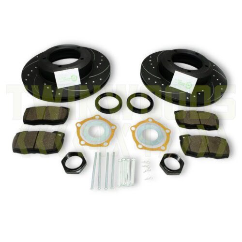 Defender POWERSpec front brake kit with vented dimpled and grooved discs, pads and fittings