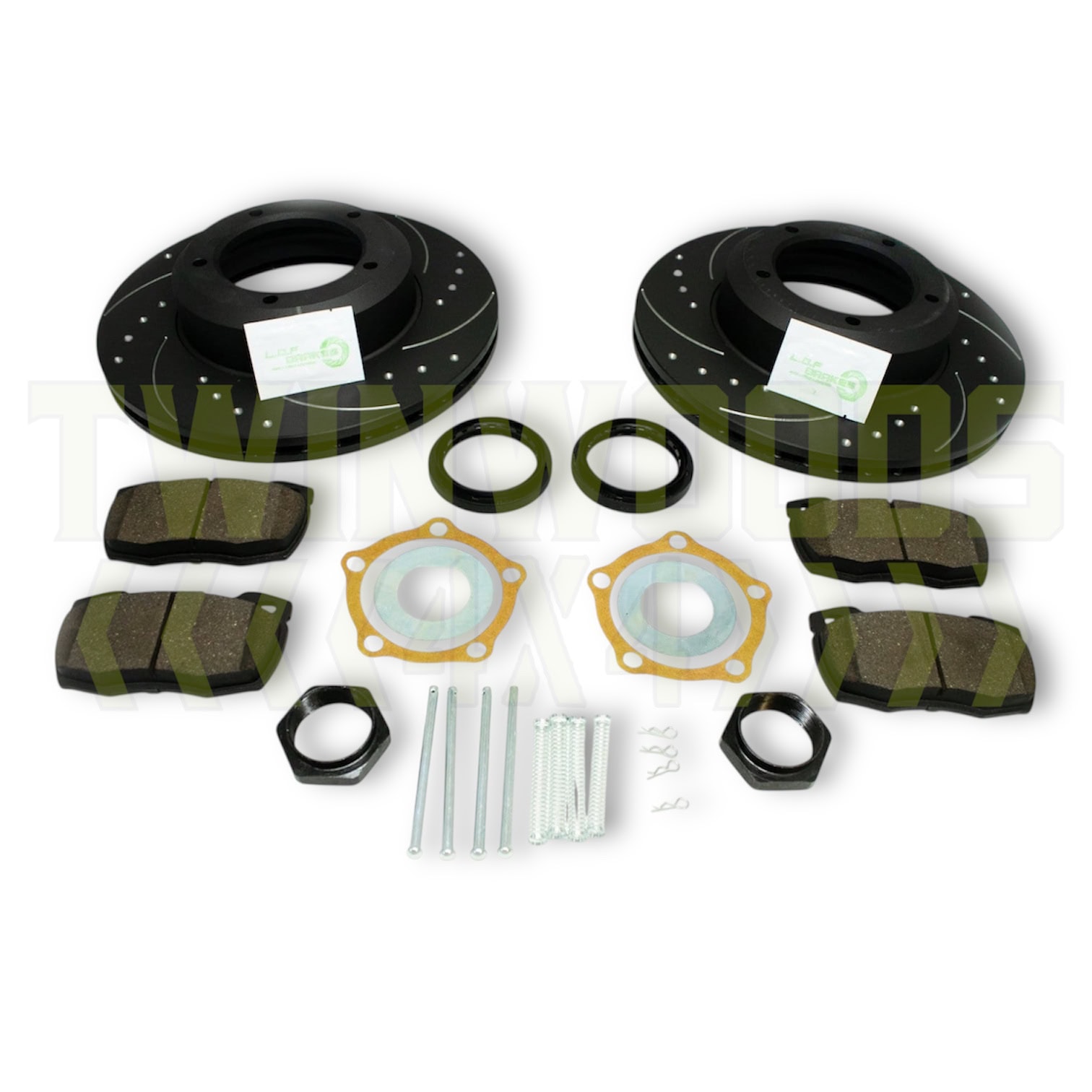 Defender POWERSpec front brake kit with vented dimpled and grooved discs, pads and fittings