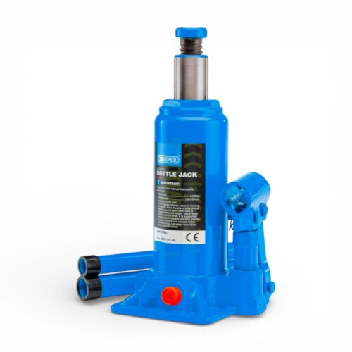 4 tonne hydraulic bottle jack with 180–340mm lifting range and wide base Discovery 2 battery tray Draper 4 tonne bottle jack suitable for Discovery 2 battery tray and workshop lifting