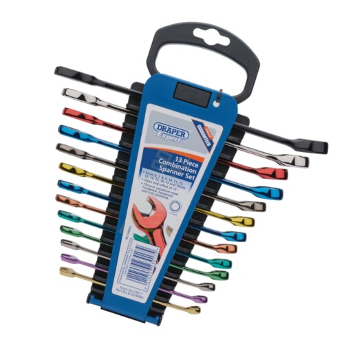 Draper Expert Hi-Torq metric coloured combination spanner set 13 piece on storage rack