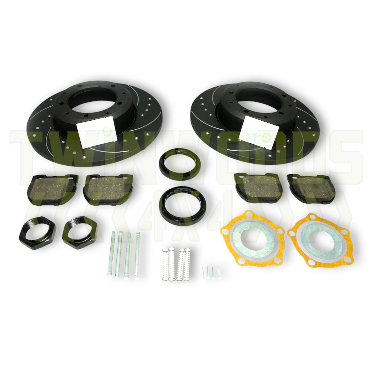 Defender 110 130 POWERSpec rear brake upgrade kit with dimpled and grooved discs, pads and fittings