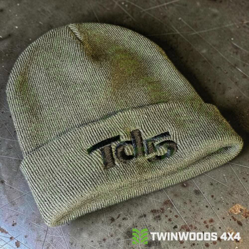 Olive green TD5 embroidered beanie hat with black logo