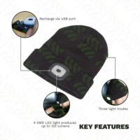 Rechargeable LED beanie hat with 120 lumen SMD light