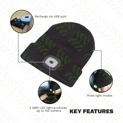 Rechargeable LED beanie hat with 120 lumen SMD light