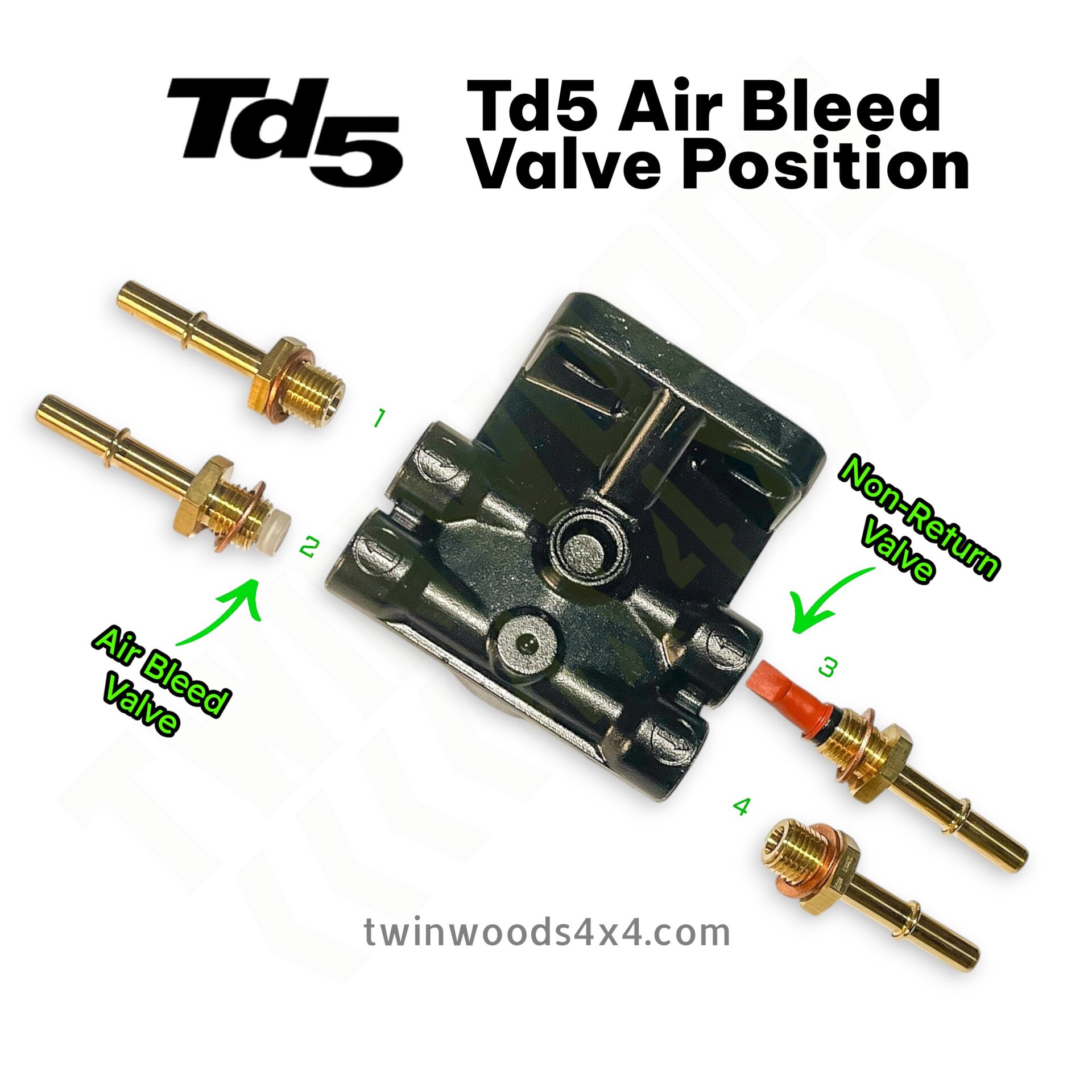 Diagram showing Td5 fuel filter head with air bleed valve position and non-return valve position labelled