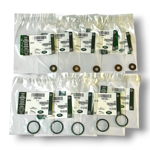 Genuine Td5 injector seal kit ERR6417 ERR7004 in individual Land Rover bags for Defender and Discovery 2. Image of all 10 individual parts in their Land Rover packets
