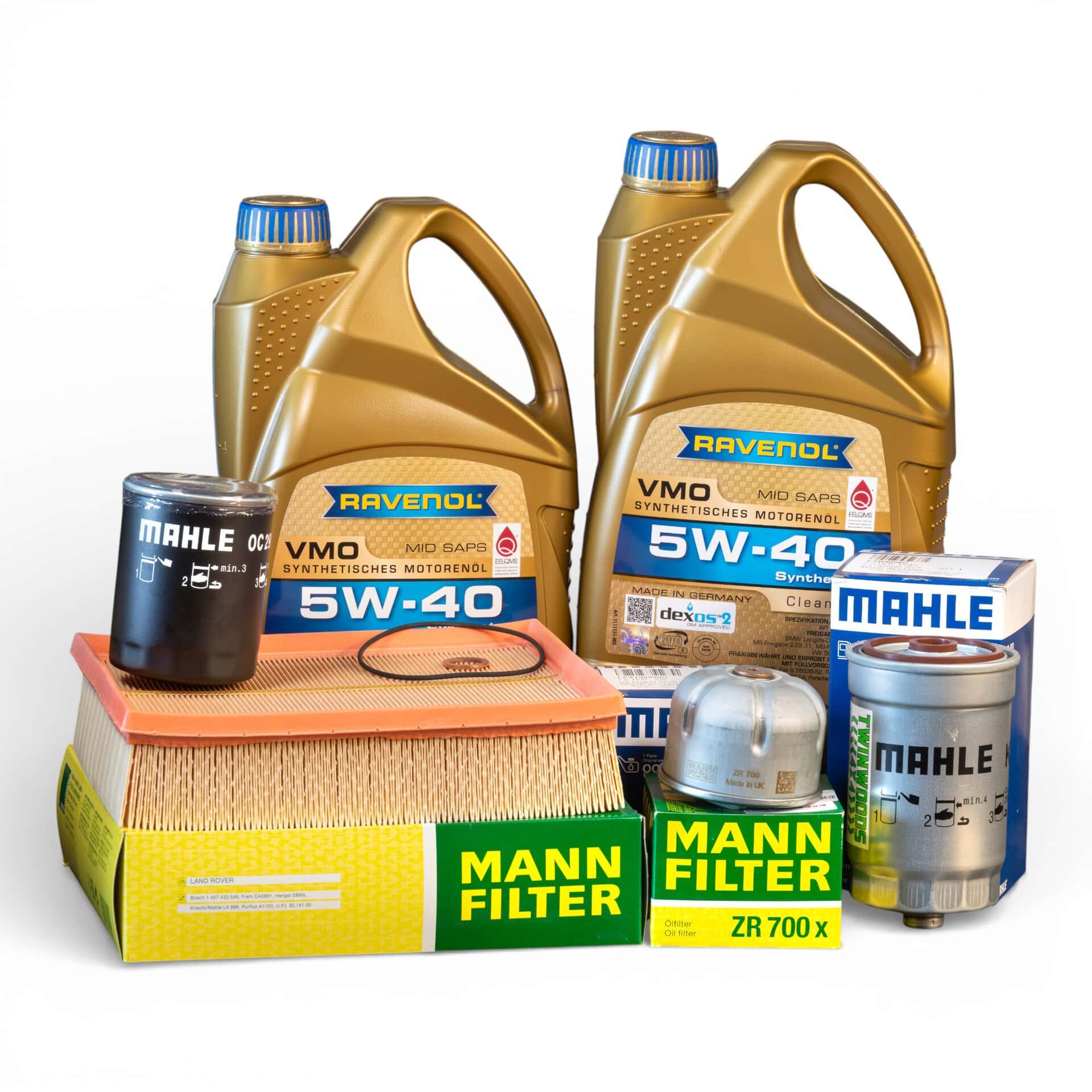 Premium Td5 service kit with Ravenol 5W-40 oil, MANN air and rotor filters, MAHLE oil and fuel filters, sump plug and washer for Defender Td5 and Discovery 2 Td5