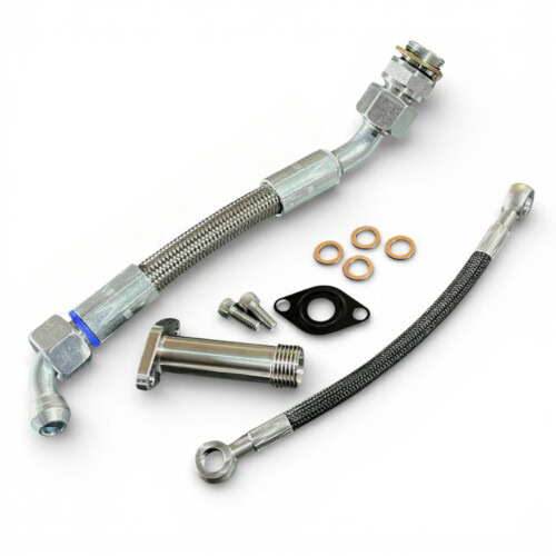 Td5 turbo oil feed and drain kit with stainless flange and braided hose – upgrade for Land Rover Defender Td5 and Discovery 2 Td5